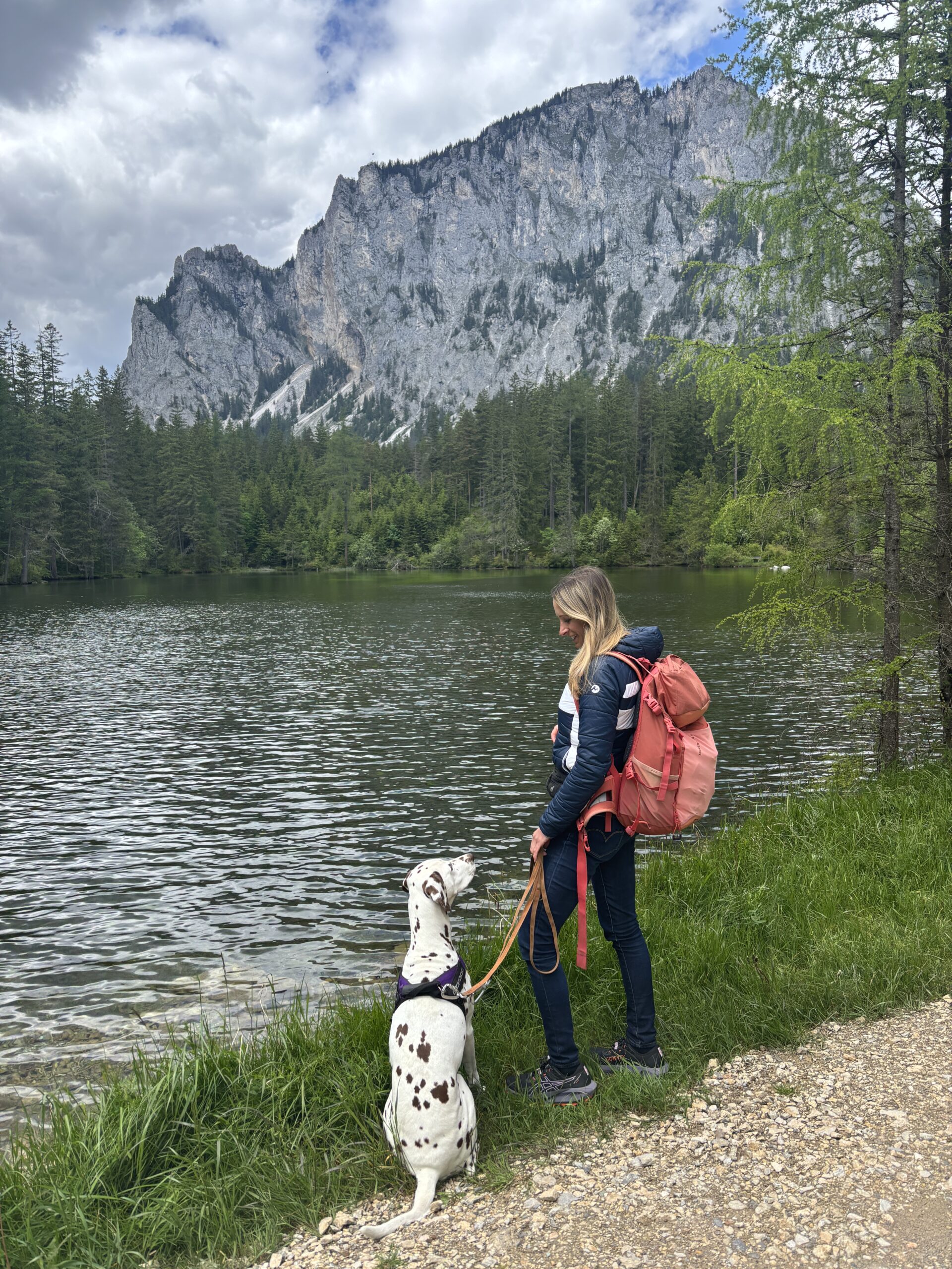 Frau steht mit Hund am Ufer Grüner See; Berge, Felswand