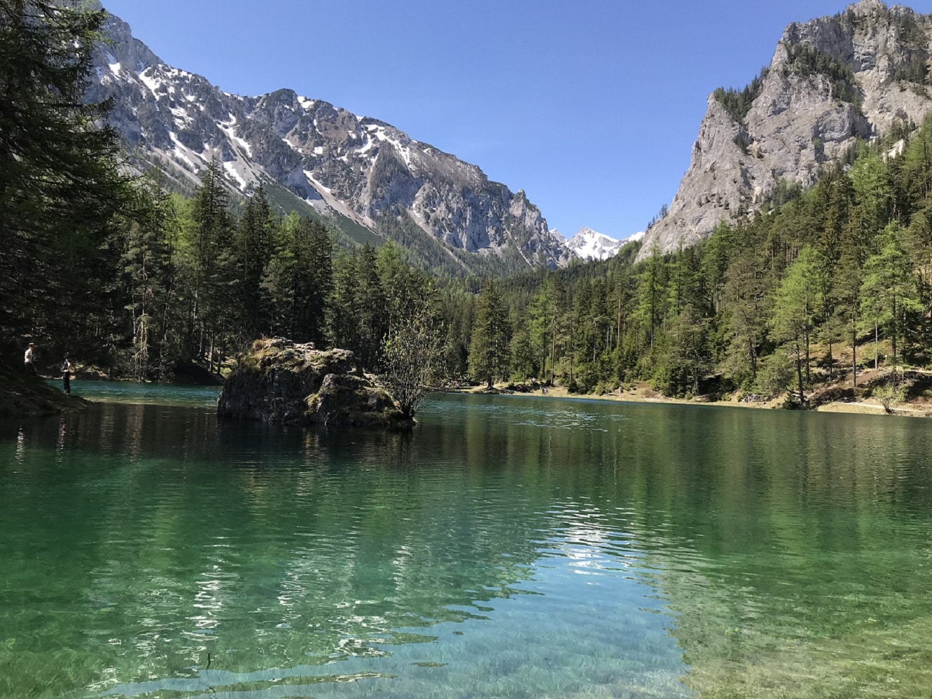 Smaragd-grüner Bergsee umrahmt von Wald
