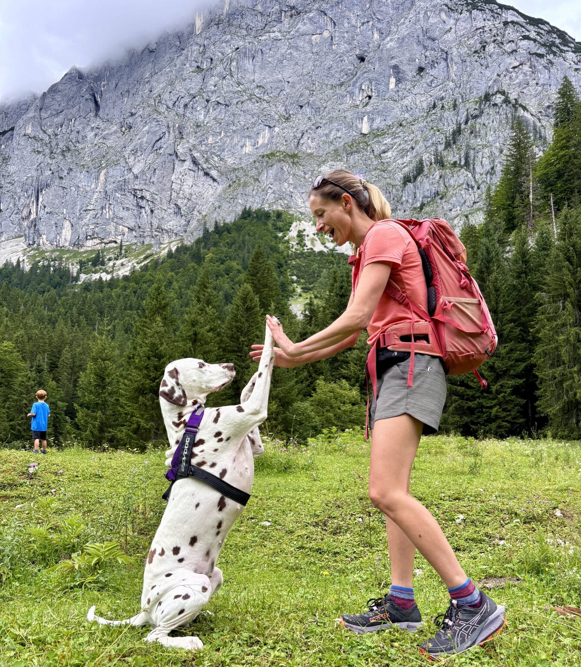 Zimitzalm; Frau mit Dalmatinerhund klatschen vor Feldwand ab