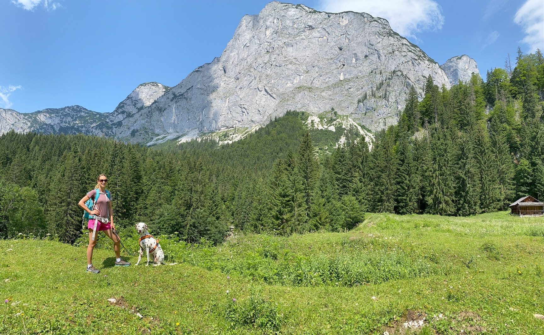 Berg, Felswand, Frau mit Hund in Wiese