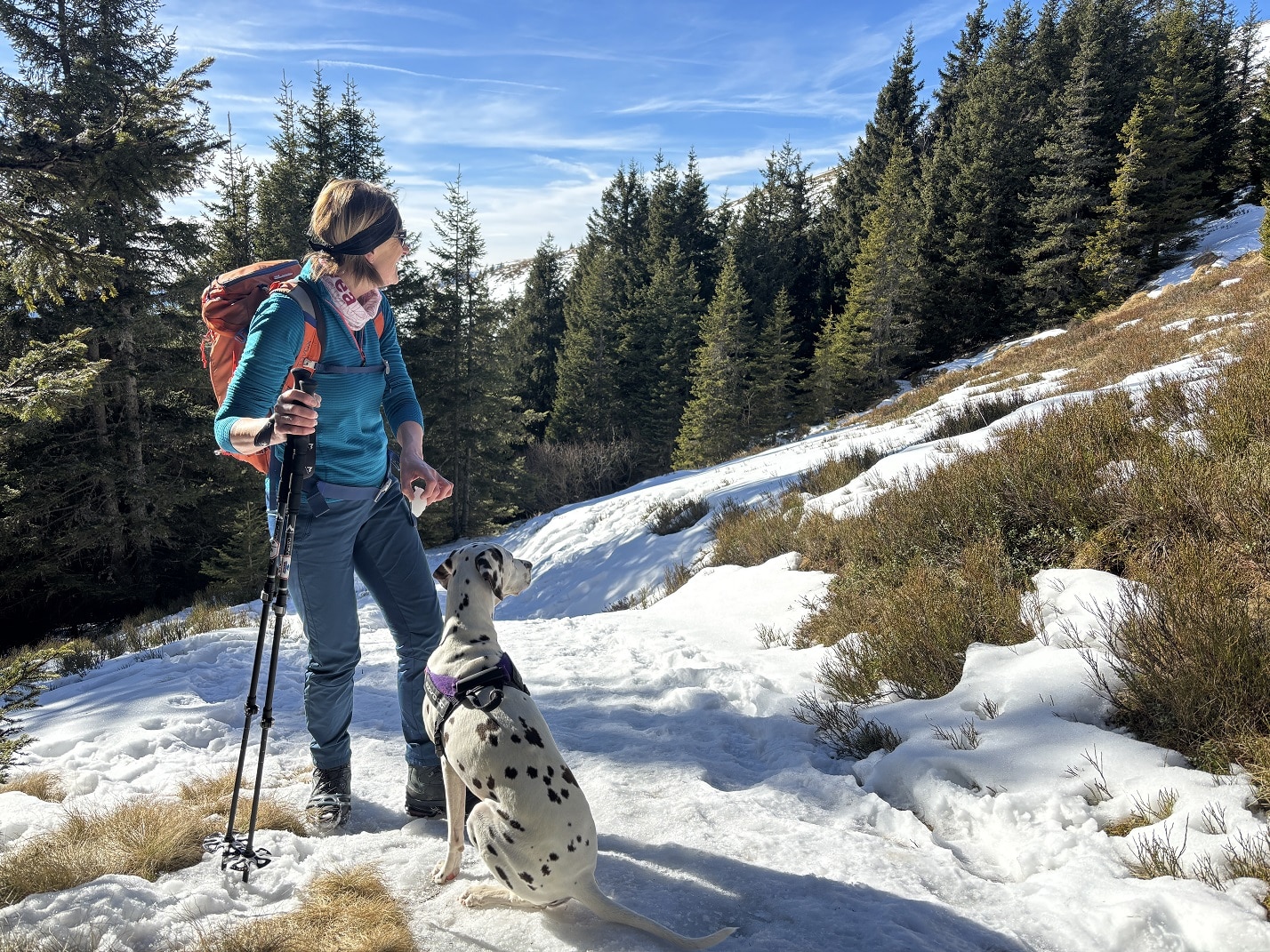 Frau wandert mit Hund an sonnigem Wintertag