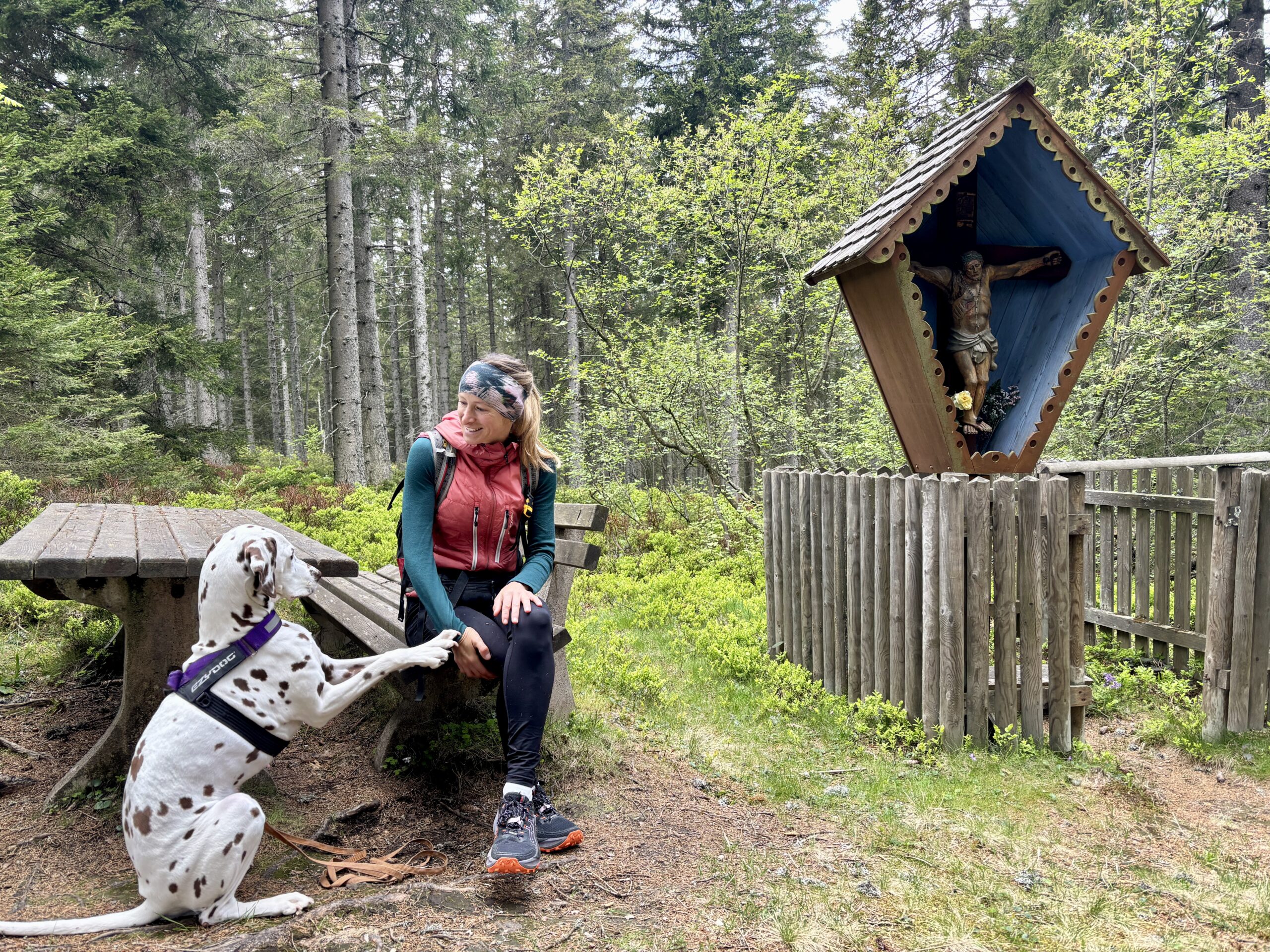 Frau sitzt auf Rastplatz beim Wandern; Wanderung Troiseck, Maurerkreuz