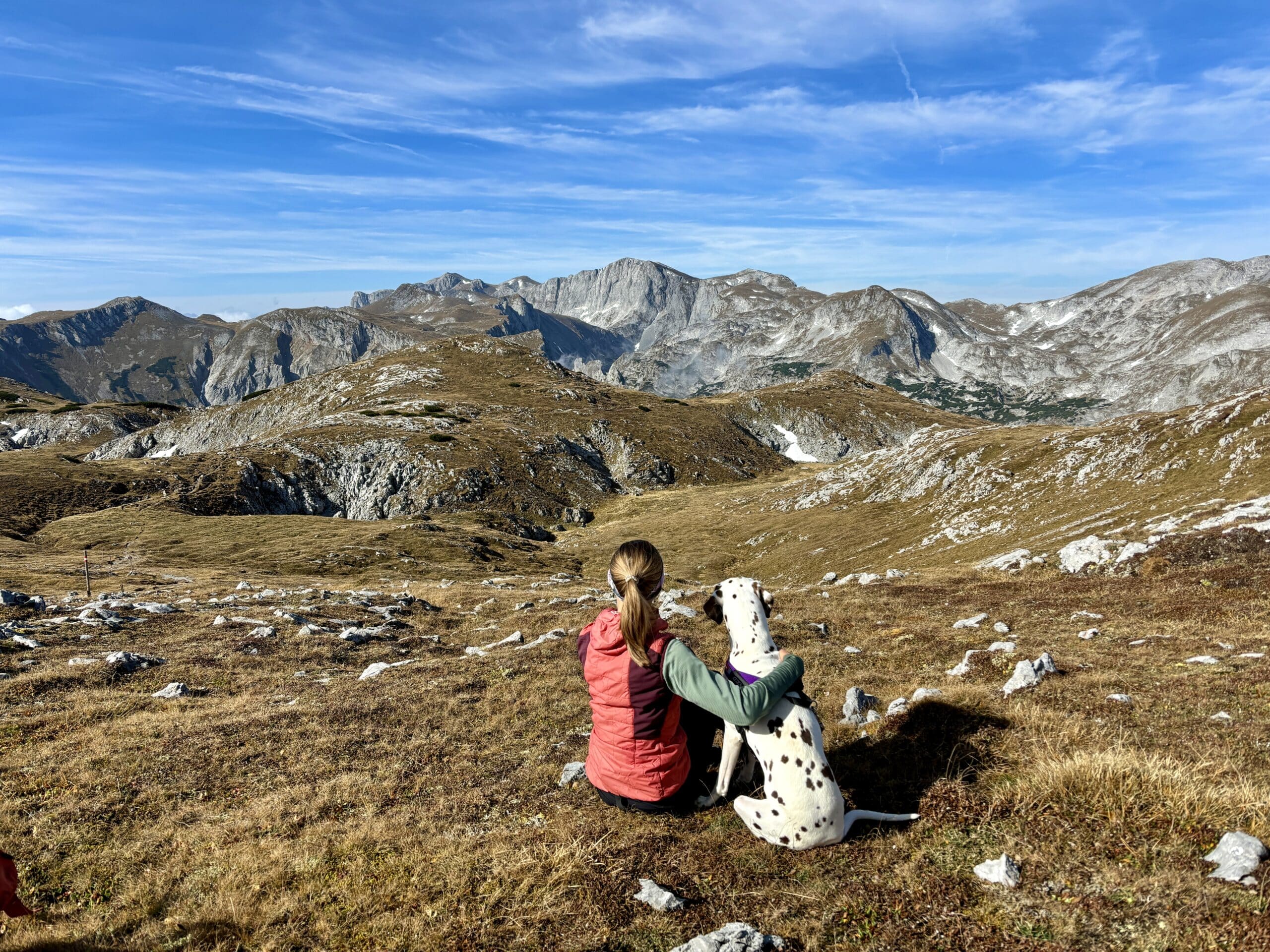 Frau sitzt mit Hund am Berg; sie blicken auf massive Berge