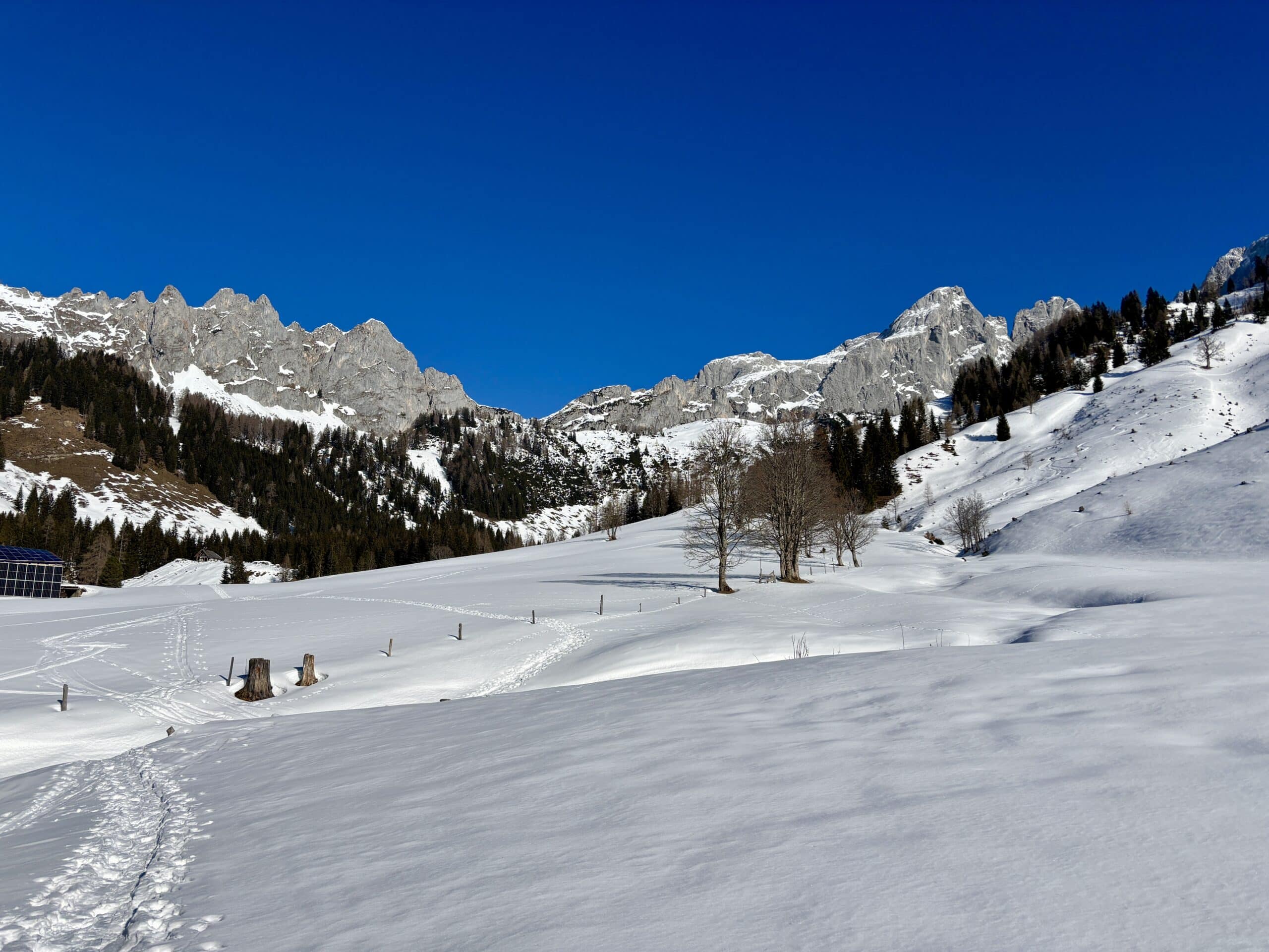 Verschneite Berglandschaft mit Felsen im Hintergrund; blauer Himmel