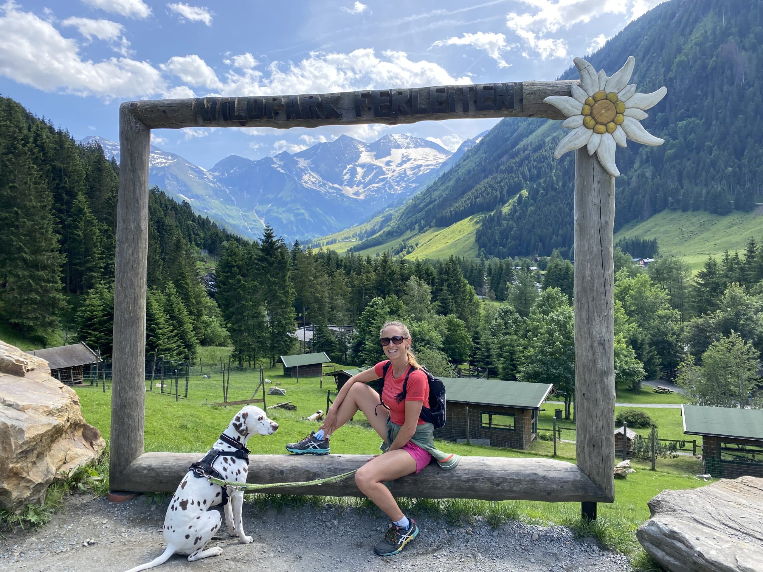 Frau sitzt mit Hund in Almgebiet in einem Holzfotorahmen