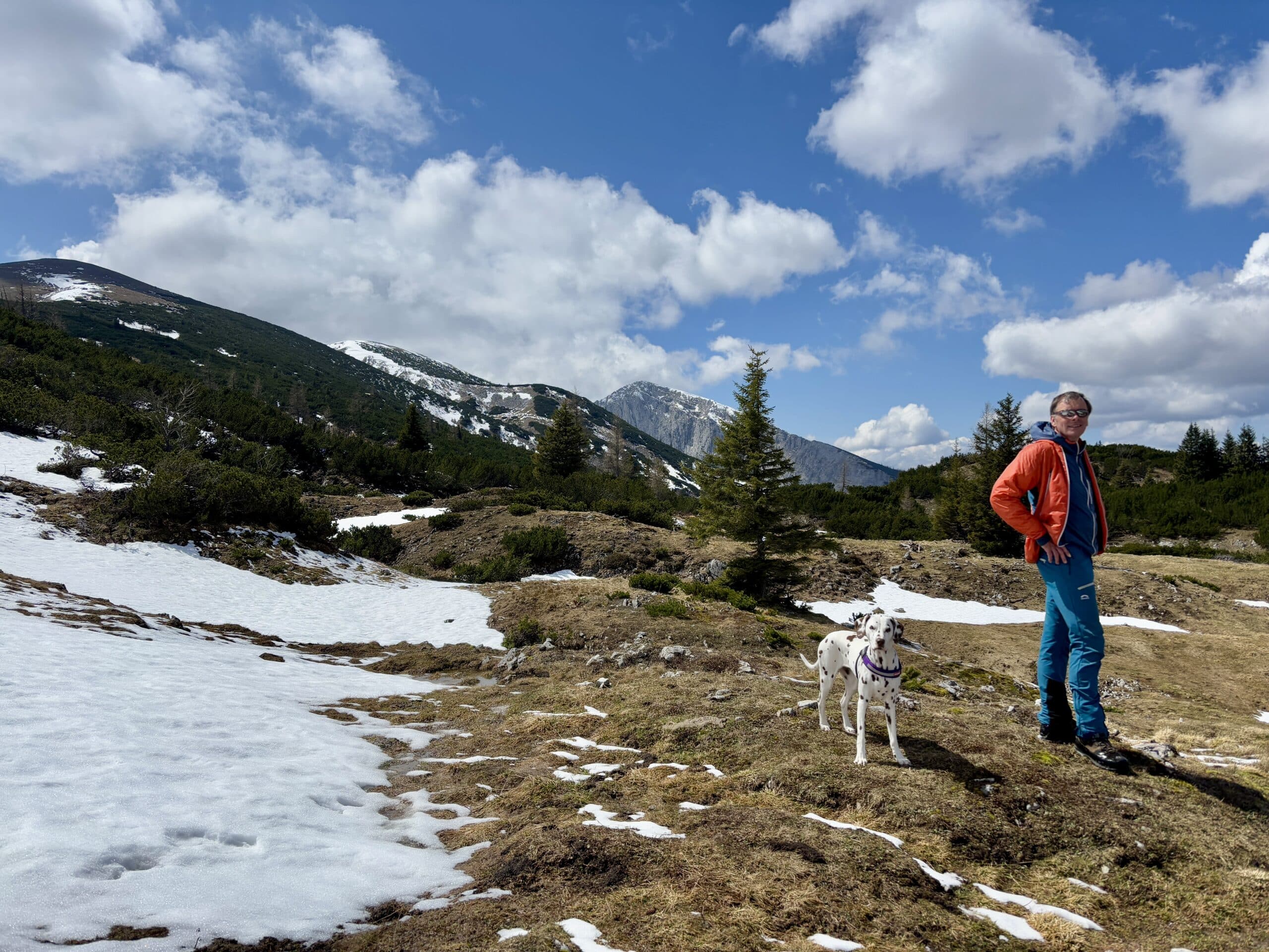 Mann steht mit Hund auf Almboden im Frühjahr, Schneefelder