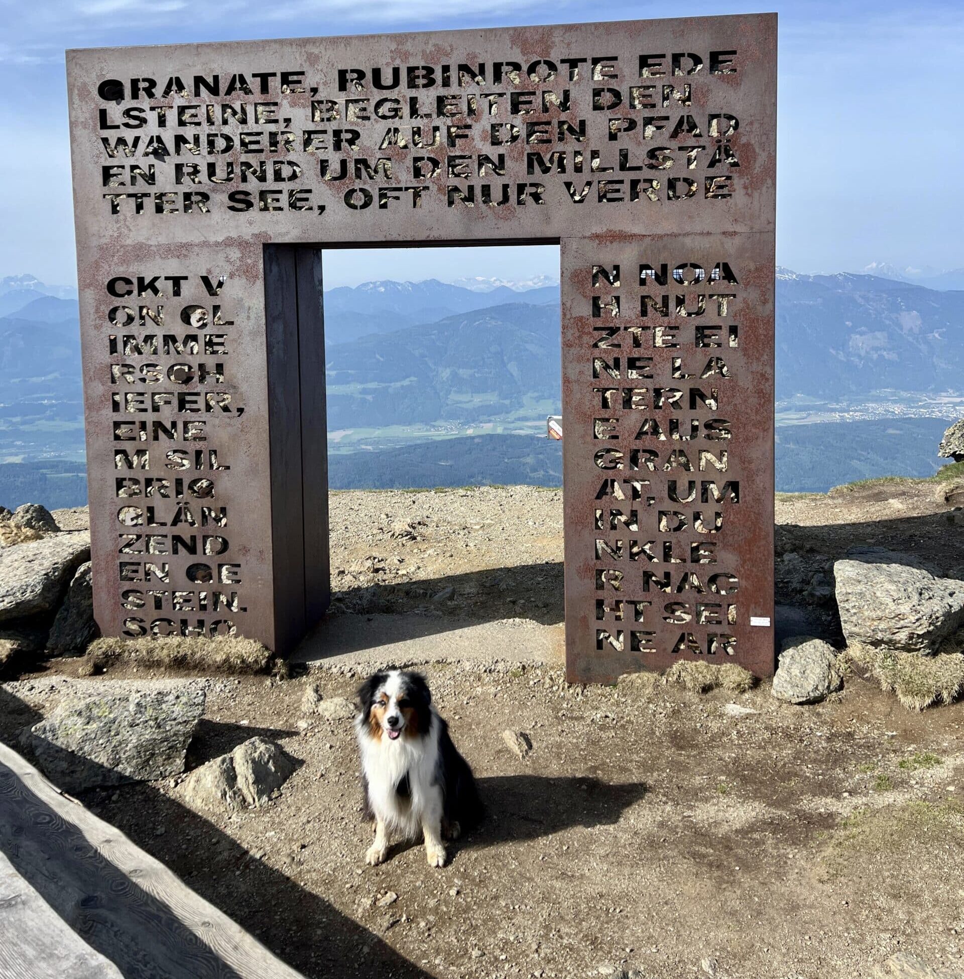 Hund sitzt vor Eisentor auf Berg, Aussichtspunkt über See, Granattor