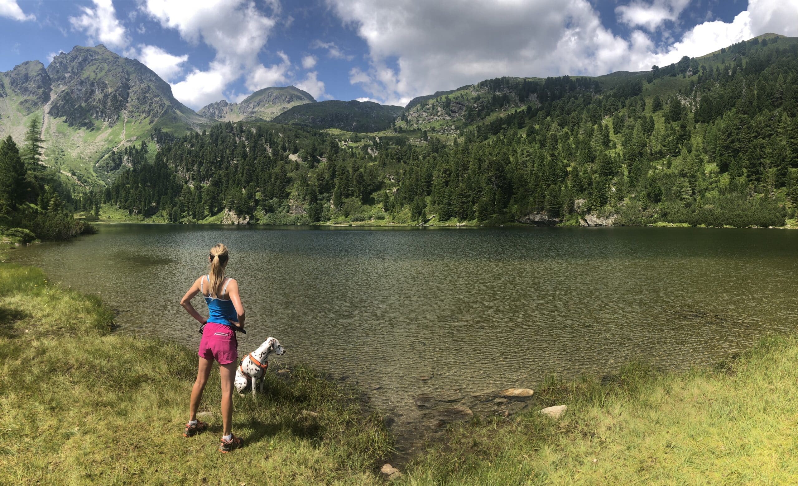 Frau steht mit Hund am Ufer eines Bergsees; Untere Zwiefler See; Sölkpass