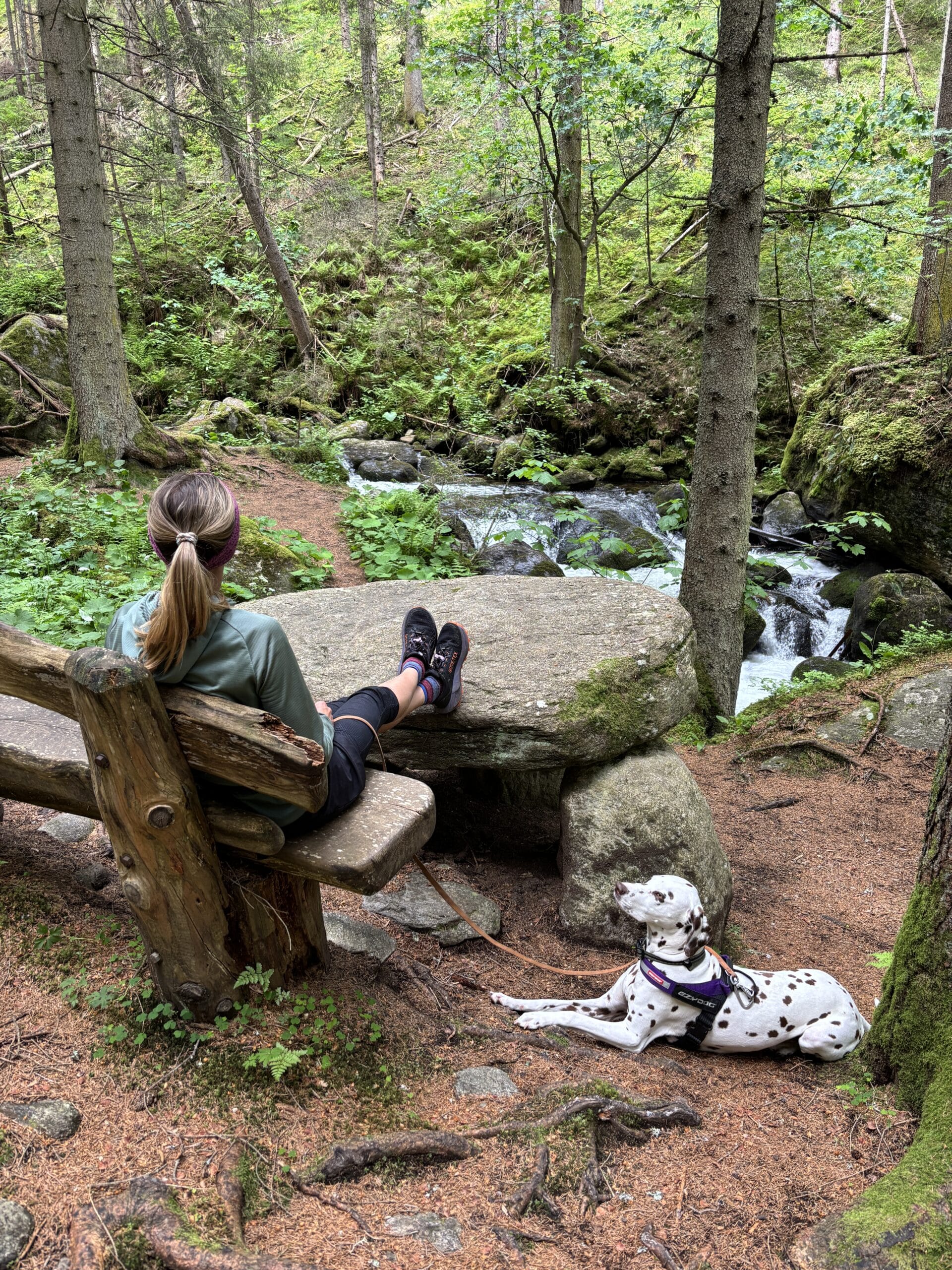 Frau rastet mit Hund am Granitzenbach