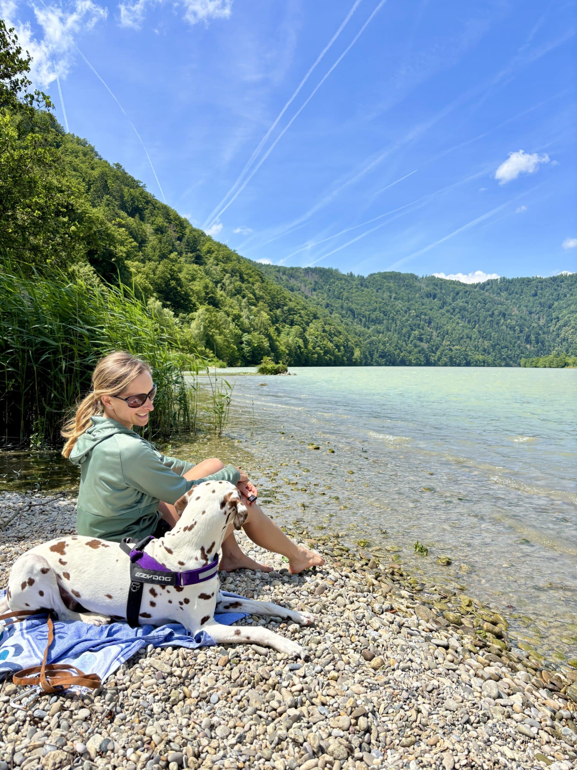 Frau sitzt mit Hund an Schotterbank an der Donau in der Schögener Schlinge