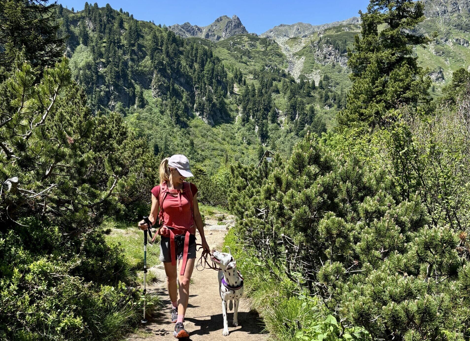 Wandern mit Hund auf das Hauseck in Hohentauern Steiermark; Frau und Dalmatinerhund