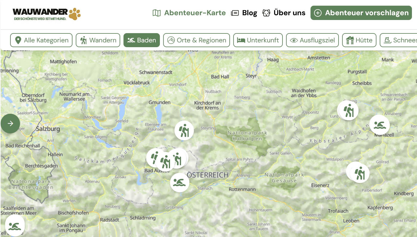 Karte für Badeplätze mit Hund in der Steiermark