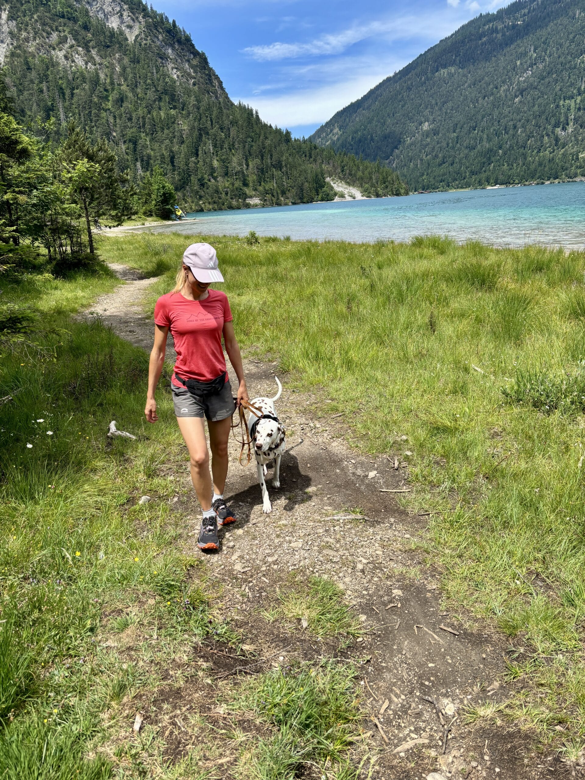 Plansee Rundweg; Frau spaziert mit Hund am Ufer