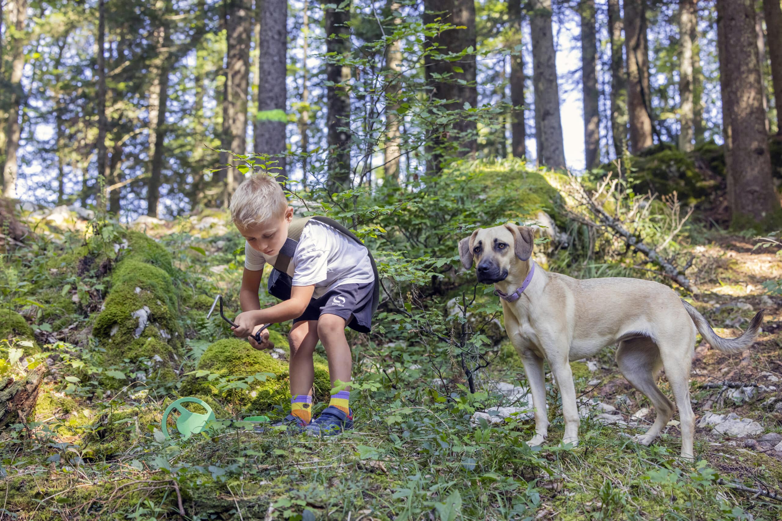 Urlaub mit Kind und Hund im Narzissendorf; Kind und Hund im Schatzsucherwald