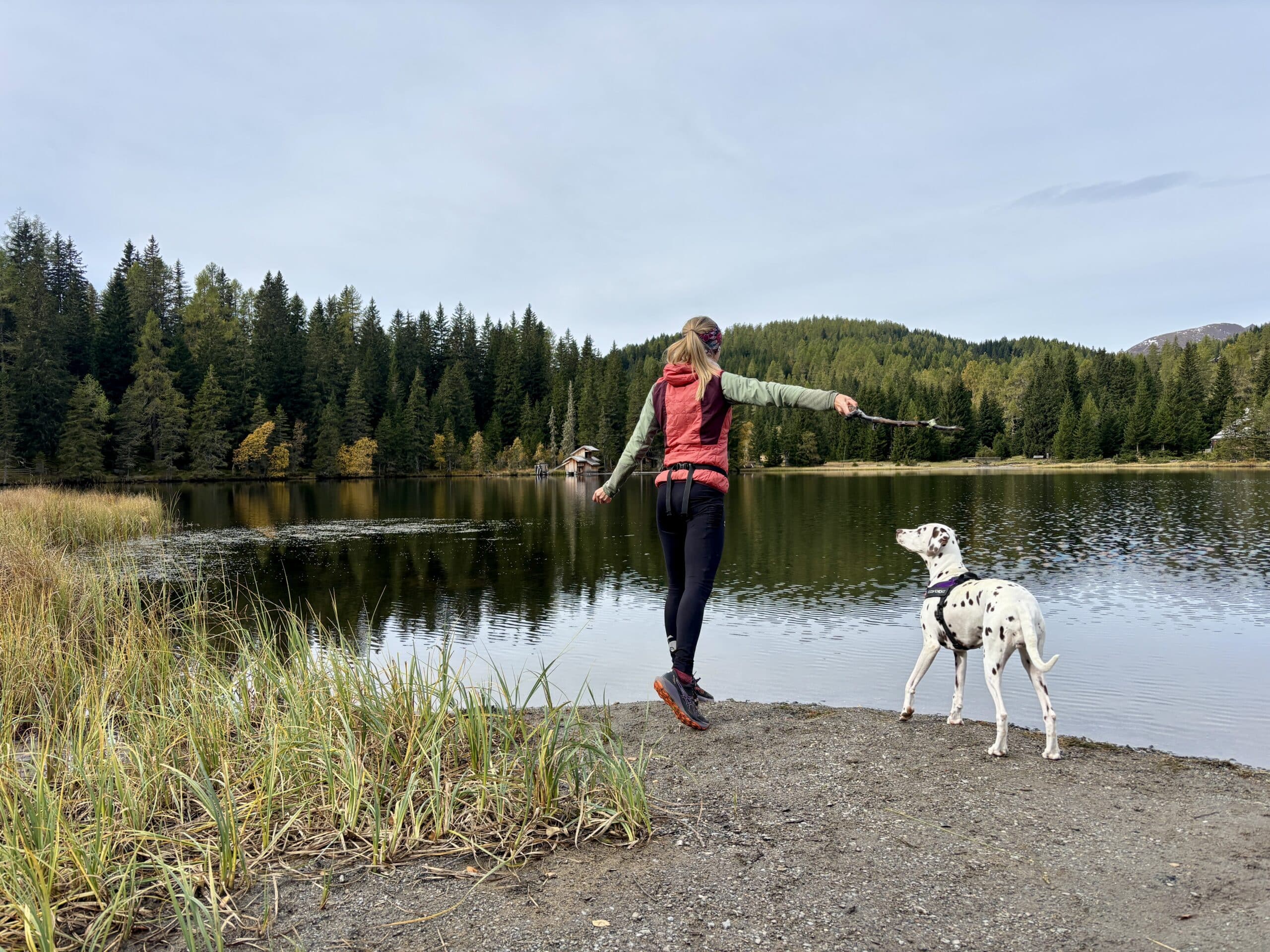 Frau spielt mit Hund am Ufer Prebersee