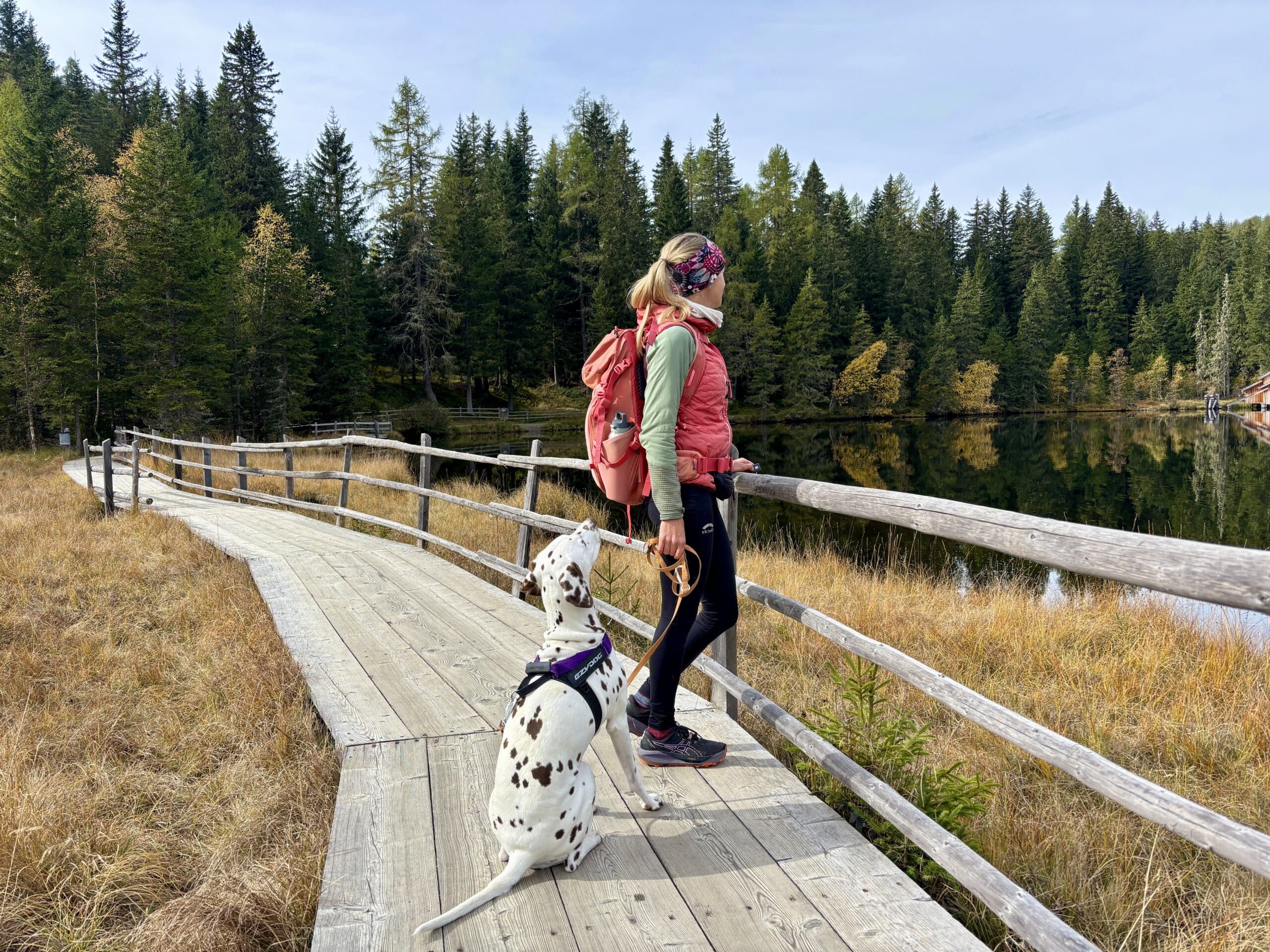 Frau steht mit Hund am Holzsteg Rundweg Prebersee