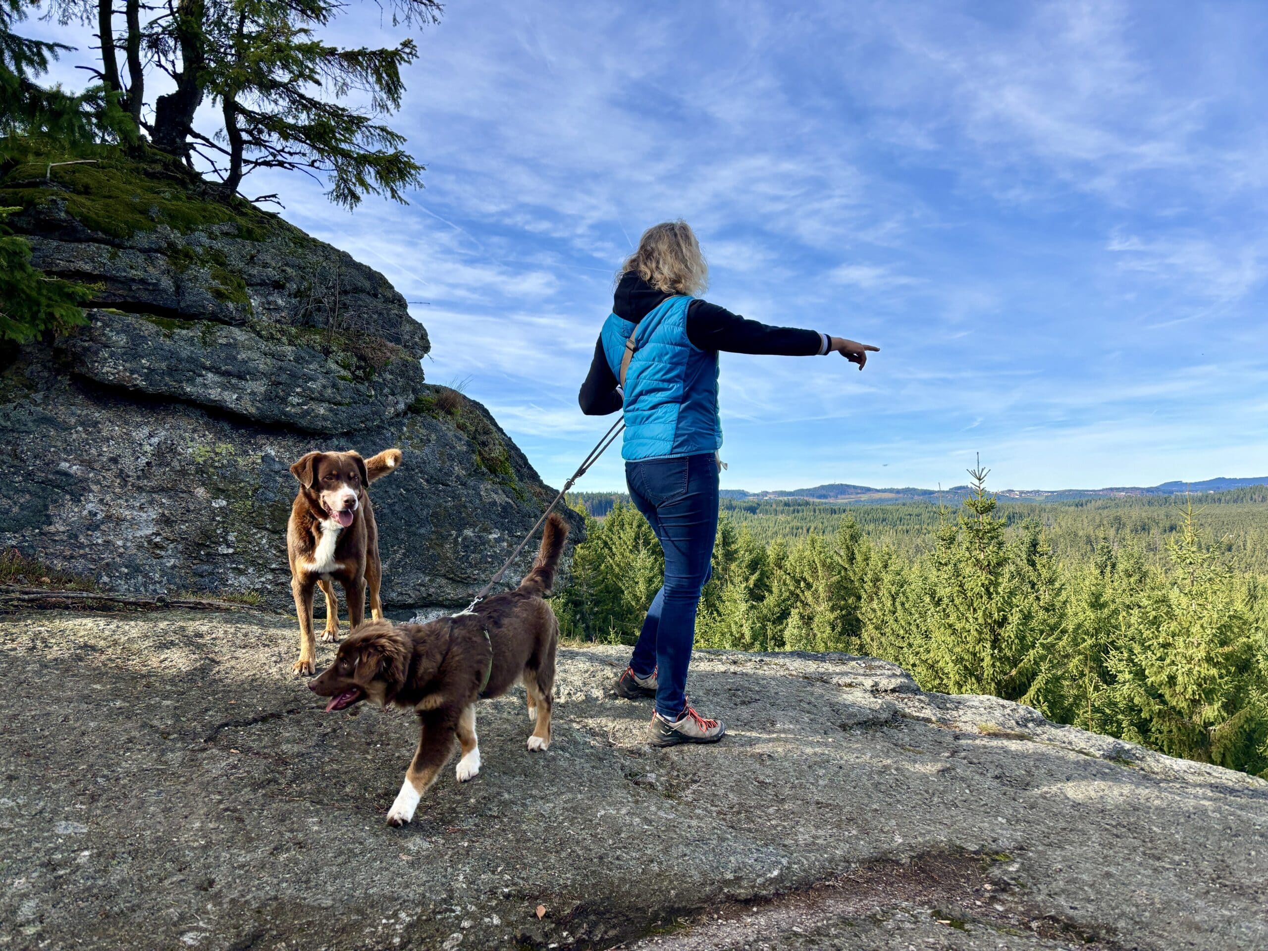 Frau steht mit zwei Hunden auf Felsen im Tanner Moor; Urlaub mit Hund im Mühlviertel