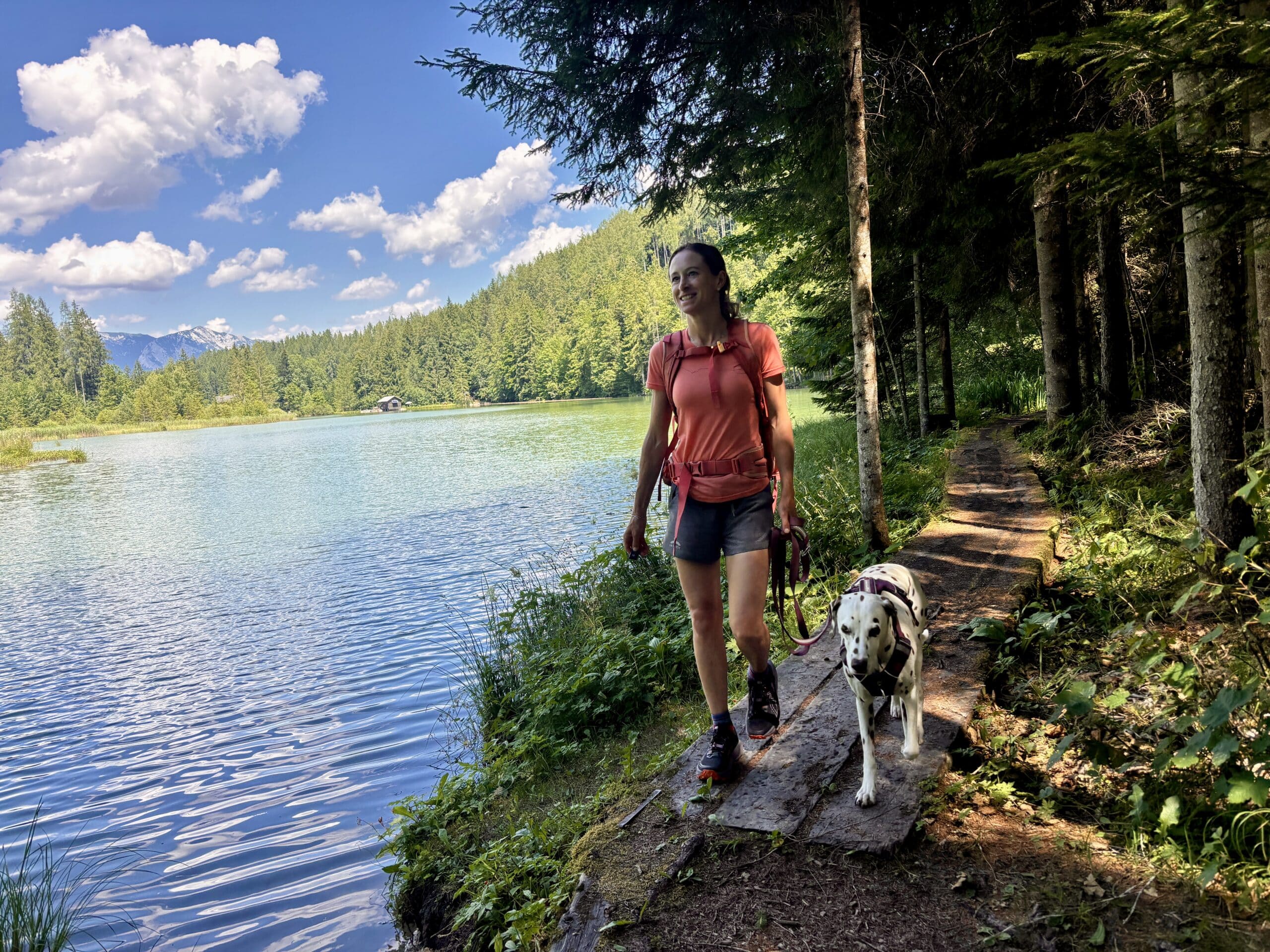 Kuhfrei Wandern, Wander mit Hund ohne Kühe; Frau wandert mit Hund am Schafferteich in Oberösterreich